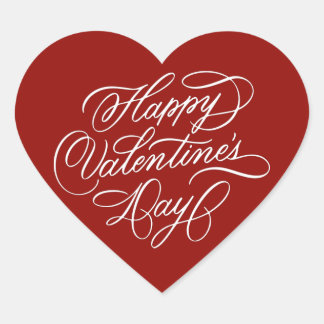 Deep Red Happy Valentines Day Calligraphy Herz-Aufkleber