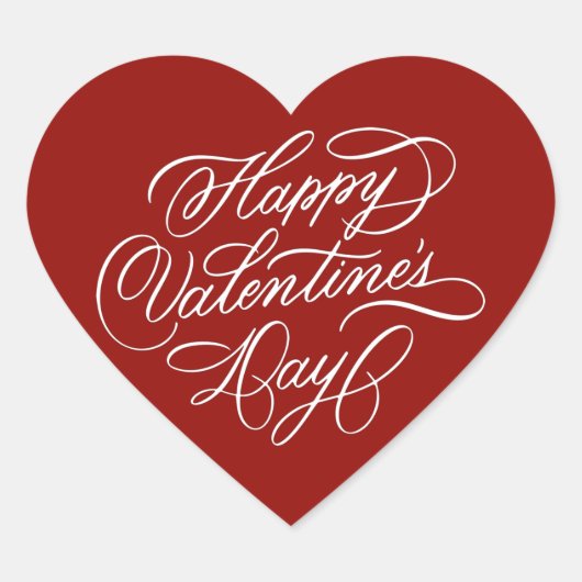 Deep Red Happy Valentines Day Calligraphy  Herz-Aufkleber (Vorderseite)