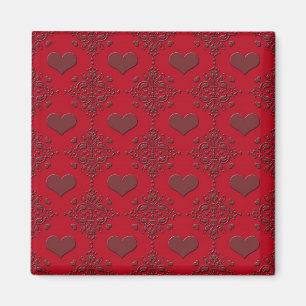 Deep Red Hearts Damask Muster Magnet