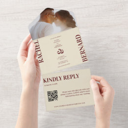 Deep Red & Ivory Typography QR Code Wedding   All In One Einladung