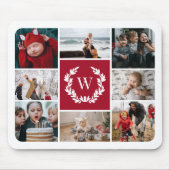Deep Red Laurel Wreath Monogram Foto Collage Mousepad (Vorne)