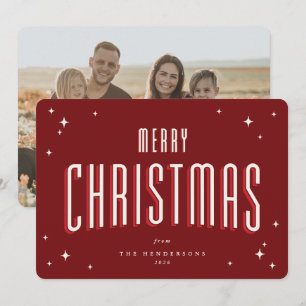 Deep Red Merry Christmas Retro Stars Flat Foto Feiertagskarte