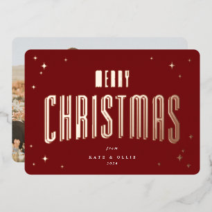 Deep Red Merry Christmas Retro Stars Foto Folien Feiertagskarte