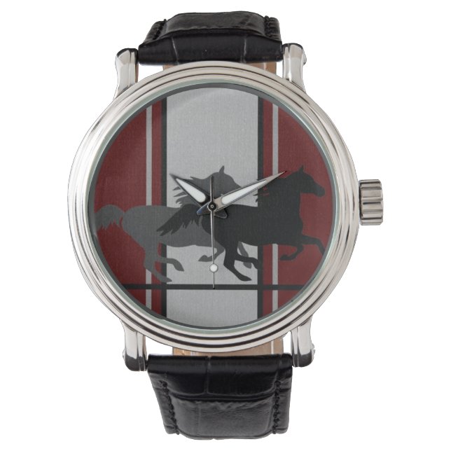 Deep Red mit zwei Mustangs mit Racing Stripes auf Armbanduhr (Vorderseite)