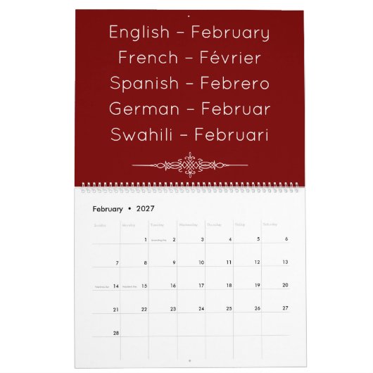 Deep Red  Multilingual Calendar Kalender (Feb 2027)