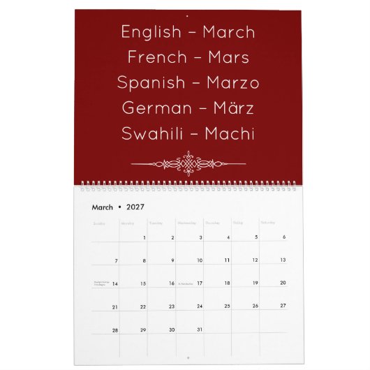 Deep Red Multilingual Calendar Kalender (Mär 2027)