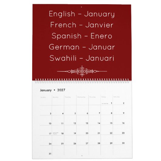 Deep Red  Multilingual Calendar Kalender (Jan 2027)