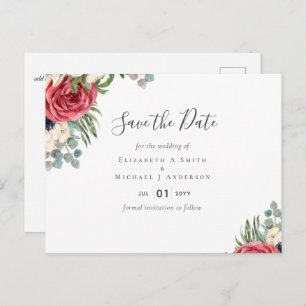 Deep Red Navy Floral Eukalyptus Greenerity Wedding Postkarte