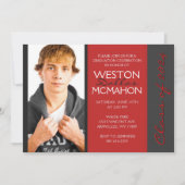 Deep Red & Pinstripe Grau Foto Abschluss Einladung (Vorderseite)