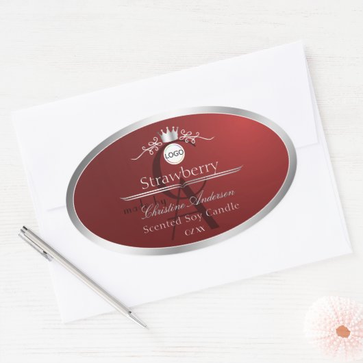 Deep Red Product Label Silver Frame Logo Monogram Ovaler Aufkleber (Umschlag)