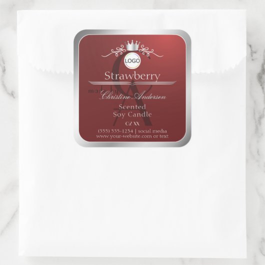 Deep Red Product Label Silver Frame Logo Monogram Quadratischer Aufkleber (Tasche)