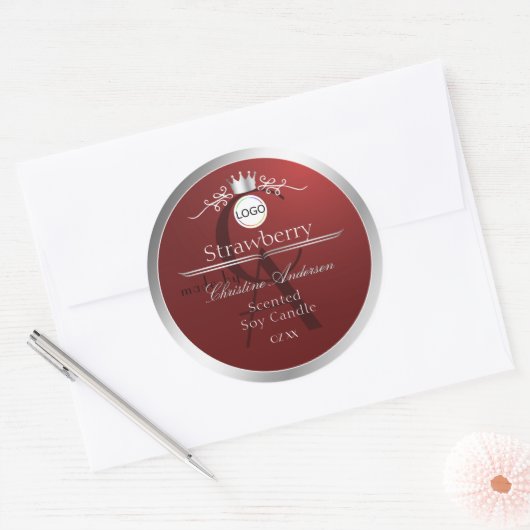 Deep Red Product Label Silver Frame Logo Monogram Runder Aufkleber (Umschlag)