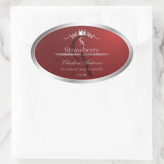 Deep Red Product Label with Silver Frame Monogram Ovaler Aufkleber (Tasche)