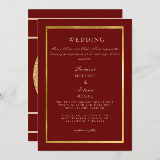 Deep Red Regal Gold Wedding Einladung (Vorne/Hinten)