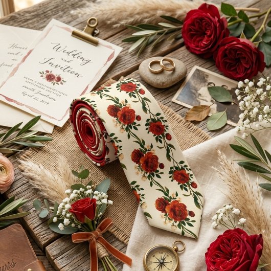 Deep Red Rose Floral Krawatte