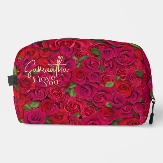 Deep Red Rose Pattern I Love You With Custom Name Waschbeutel (Vorderseite)