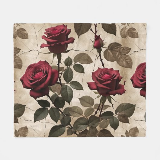 Deep Red Roses With Dark Green Leaves Fleecedecke (Vorderseite (Horizontal))