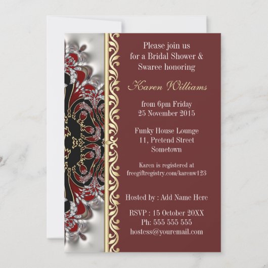 Deep Red Silver Satin Brautparty Einladung (Rückseite)