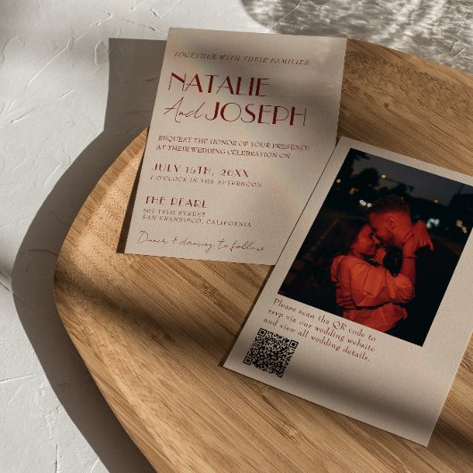 Deep Red Whimsical Modern QR Code Photo Wedding Einladung