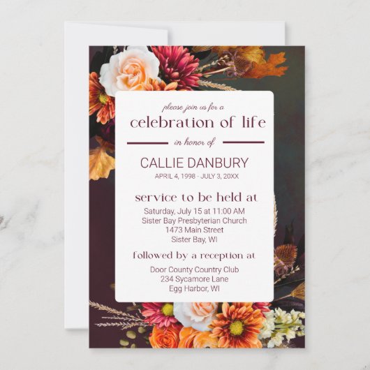 Deep Rich Florals Beerdigung des Lebens Einladung (Vorderseite)