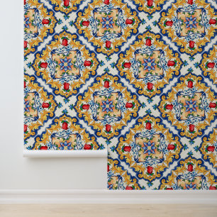 Deep Saffron Red Floral Sicilian Majolica Tile Tapete