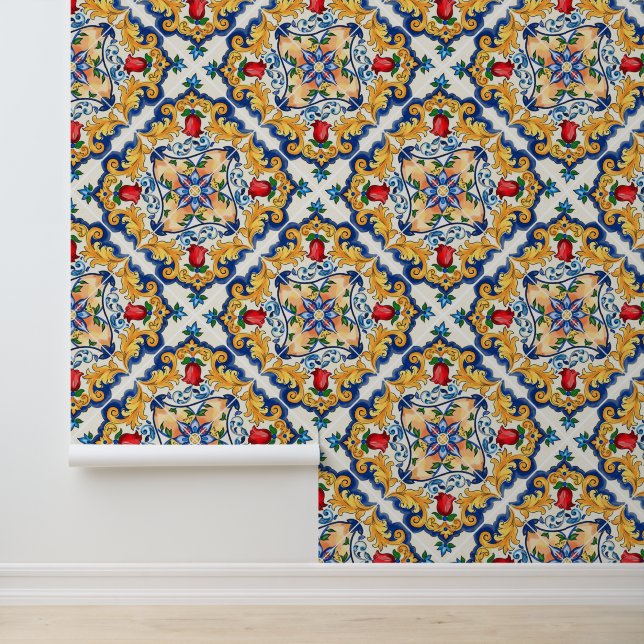 Deep Saffron Red Floral Sicilian Majolica Tile Tapete (Anwendung)
