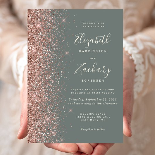 Deep Sage Green Rose Gold Glitter Wedding Einladung