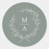 Deep Sage Simple Elegant Laurel Wreath Monogram Cl Runder Aufkleber (Vorderseite)