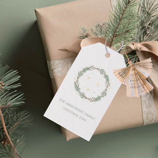Deep Sage Wreath Gold Stars Christmas Family Name Geschenkanhänger