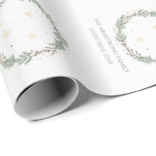 Deep Sage Wreath Gold Stars Christmas Family Name Geschenkpapier (Rolleneckpunkt)