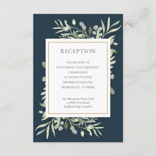 Deep Sea Blue Gold Greenery Wedding Guest Begleitkarte (Vorderseite)