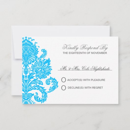 Deep Sky Blue Elegant Damask Hochzeit individuell RSVP Karte (Vorderseite)