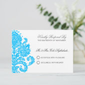 Deep Sky Blue Elegant Damask Hochzeit individuell RSVP Karte (Stehend Vorderseite)
