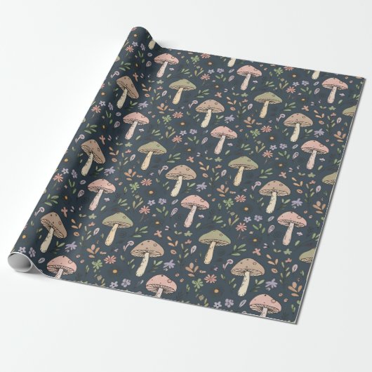Deep Slate Blue Moody Mushroom Seamless Pattern Geschenkpapier (Ungerollt)