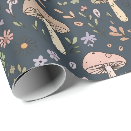 Deep Slate Blue Moody Mushroom Seamless Pattern Geschenkpapier (Rolleneckpunkt)