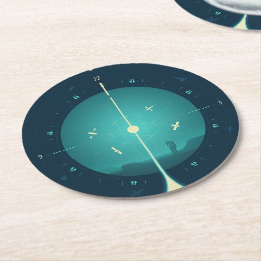 Deep Space Atomic Clock Poster, Blue Version. Runder Pappuntersetzer (Angewinkelt)