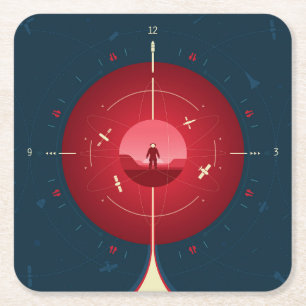Deep Space Atomic Clock Poster, Red Version. Rechteckiger Pappuntersetzer