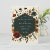 Deep Teal Autumn Floral Romance Wedding Einladung (Stehend Vorderseite)