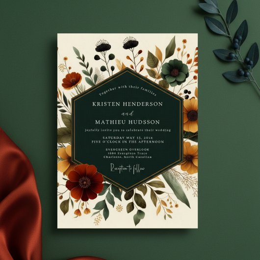 Deep Teal Autumn Floral Romance Wedding Einladung