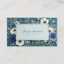 Deep Teal Blue Floral Gold Frame Watercolor
