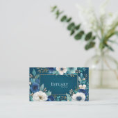 Deep Teal Blue Floral Gold Frame Watercolor Visitenkarte (Stehend Vorderseite)