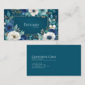 Deep Teal Blue Floral Gold Frame Watercolor Visitenkarte (Vorne/Hinten)