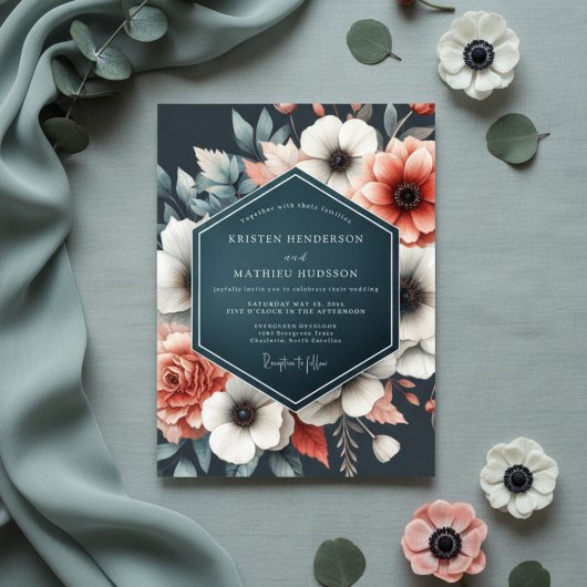 Deep Teal Floral Bloom Wedding Einladung