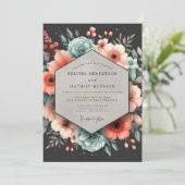 Deep Teal Floral Elegance Wedding Einladung (Stehend Vorderseite)