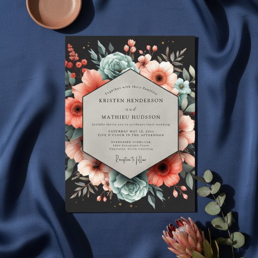 Deep Teal Floral Elegance Wedding Einladung