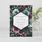 Deep Teal Floral Romance Wedding Einladung (Stehend Vorderseite)
