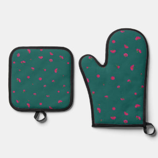 Deep Teal Japanese Deep Pink Cosmos Floral Pattern Ofenhandschuh & Topflappen-Set