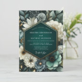 Deep Teal Lush Bloom Wedding Einladung (Stehend Vorderseite)