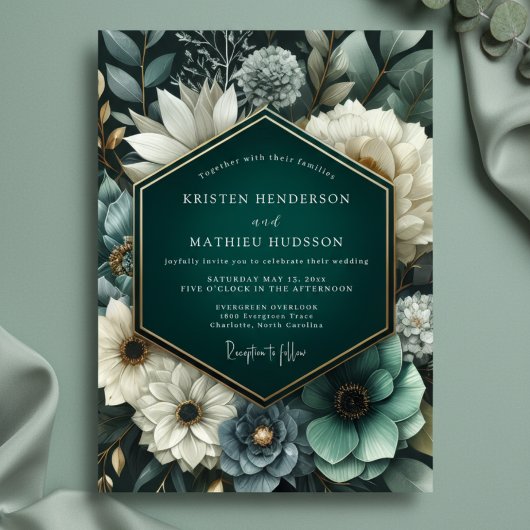 Deep Teal Lush Bloom Wedding Einladung