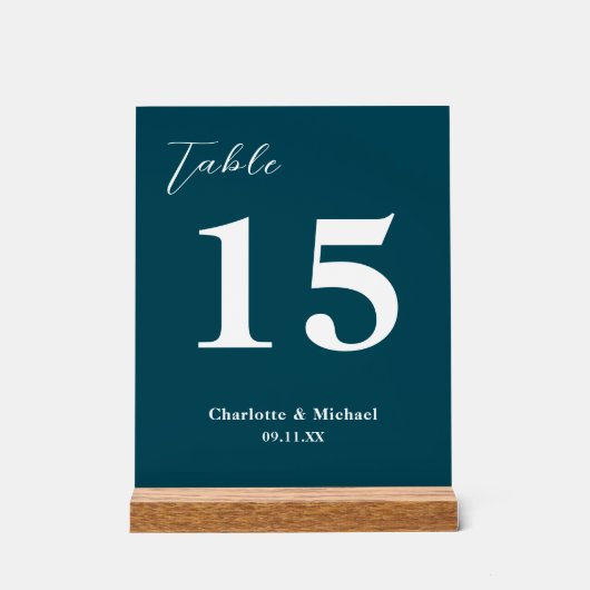 Deep Teal Minimalist Wedding Table Number Acrylschild (Vorderseite)